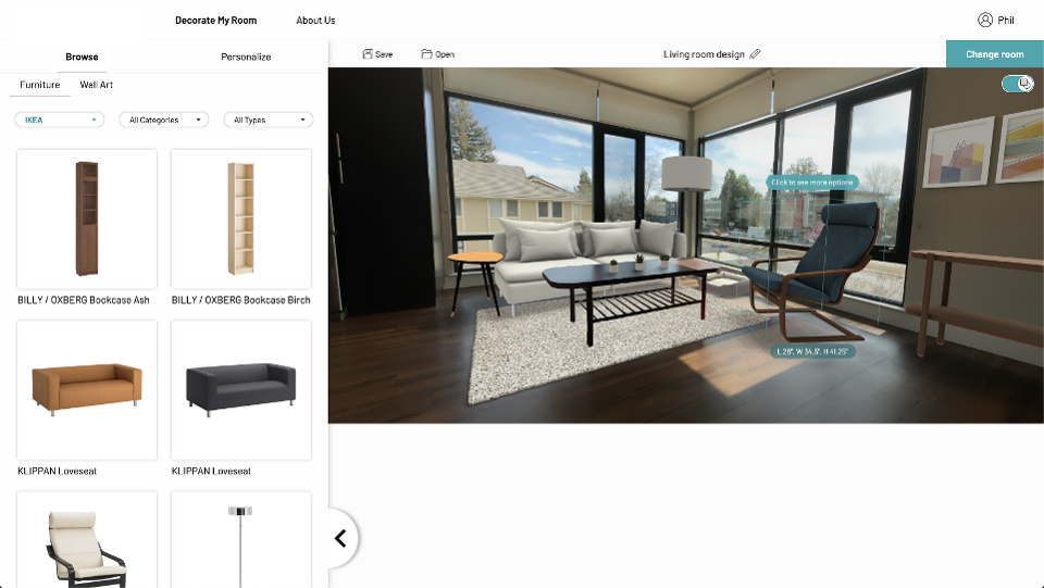 A 3D modeled room with virtual IKEA furniture