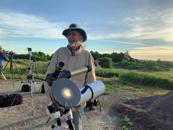 The stars (and moon) aligned and Jack St. Louis was in his element, thrilled to view the sunrise annular eclipse on June 10, 2021 at Wheeler Park in South Burlington. As President of the Vermont Astronomical Society, St. Louis lends his expertise to amateur astronomers; he even shared how he made the funnel projection screen attached to his telescope that allowed many people at once to safely view the phenomenon. He first joined the club in 1966, two years after its founding.
