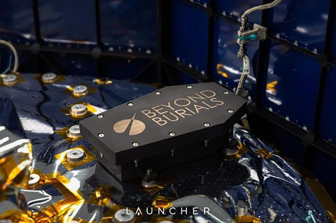 A container from Launcher Space sends remains into space. Launcher develops the world's most efficient rocket and orbit transfer vehicle to deliver small satellites to orbit, according to its website.