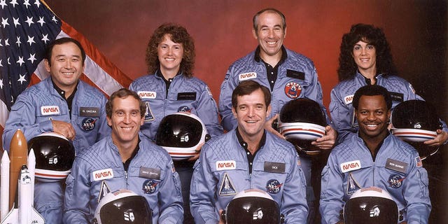 This November 1985 file provided by NASA shows the crew of the U.S space shuttle Challenger. Front row, from left: astronauts Mike Smith, Dick Scobee, Ron McNair; back row, from left: Ellison Onizuka, schoolteacher Christa McAuliffe, Greg Jarvis and Judith Resnik.
