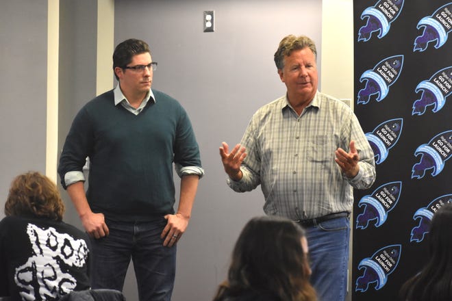 Students from Lenawee County and the surrounding region were able to participate in a two-day space exploration camp Friday and Saturday at the Lenawee Intermediate School District Tech Center in Adrian. Go For Launch! Lenawee was sponsored by several partners including the Michigan Aerospace Manufacturers Association (MAMA) and Michigan lawmakers. Pictured are former state Sen. Michael MacDonald, R-Macomb Twp., left, and Gavin Brown, executive director of MAMA, as they address the students participating in the camp Friday.